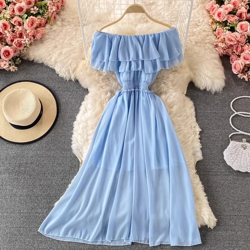 Off The Shoulder Long Skirt Sexy Ruffled Chiffon Dress 873