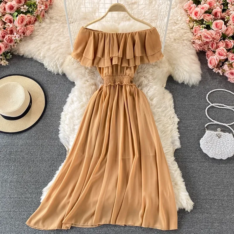 Off The Shoulder Long Skirt Sexy Ruffled Chiffon Dress 873