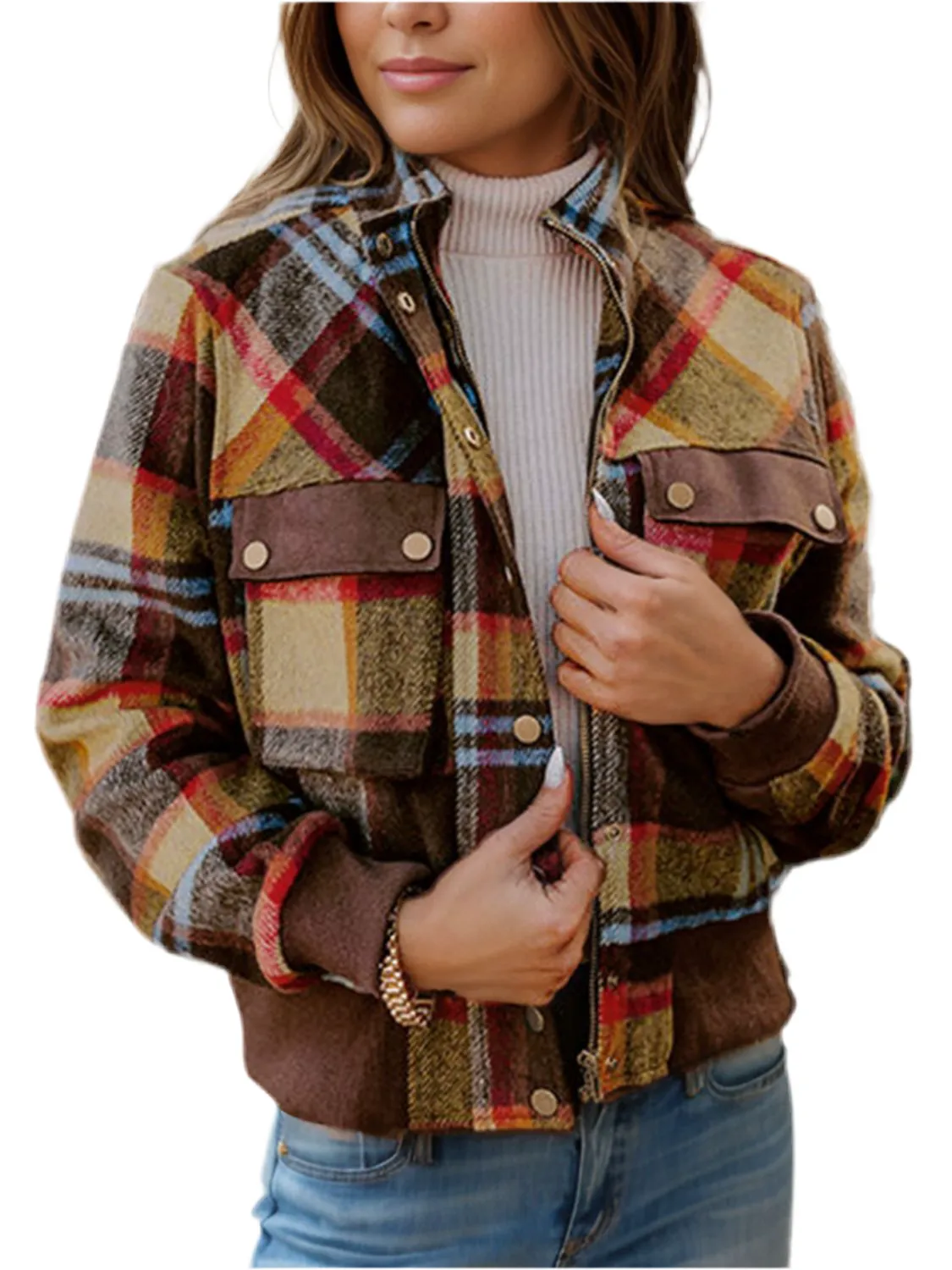 Pocketed Plaid Long Sleeve Jacket
