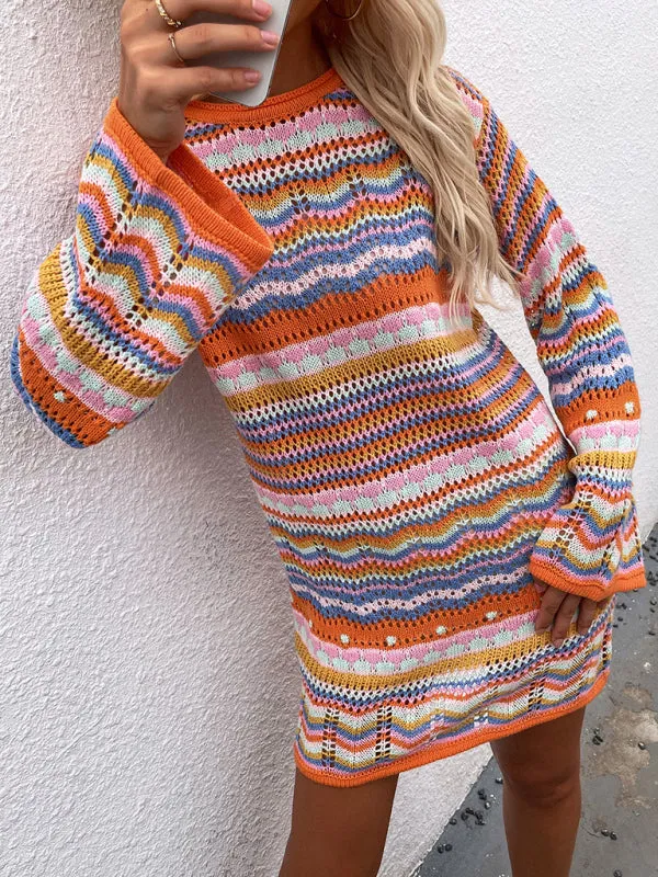 Rainbow Stripe Pullover Medium Length Sweater