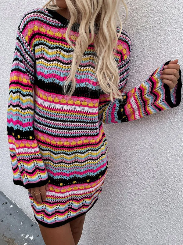 Rainbow Stripe Pullover Medium Length Sweater