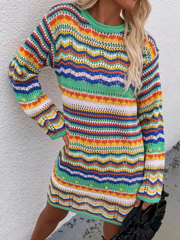 Rainbow Stripe Pullover Medium Length Sweater