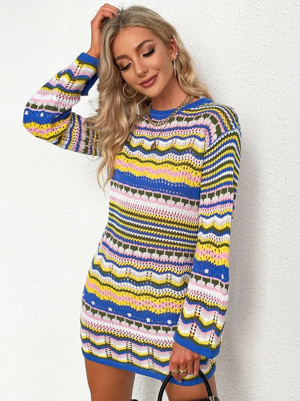 Rainbow Stripe Pullover Medium Length Sweater