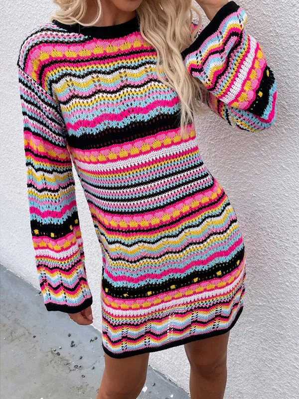 Rainbow Stripe Pullover Medium Length Sweater
