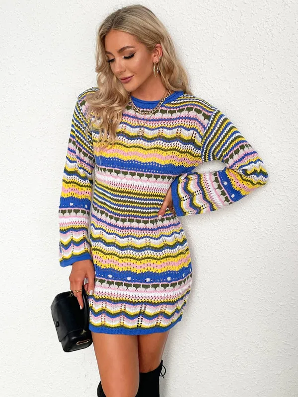 Rainbow Stripe Pullover Medium Length Sweater