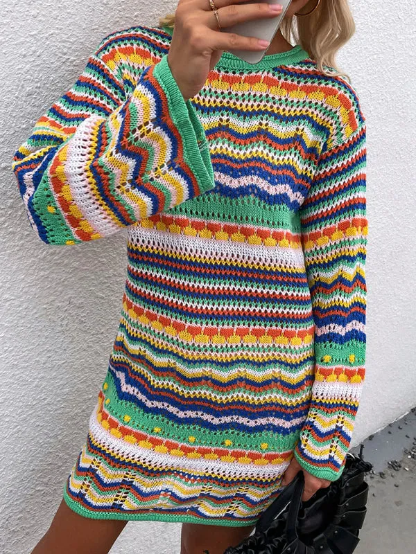 Rainbow Stripe Pullover Medium Length Sweater