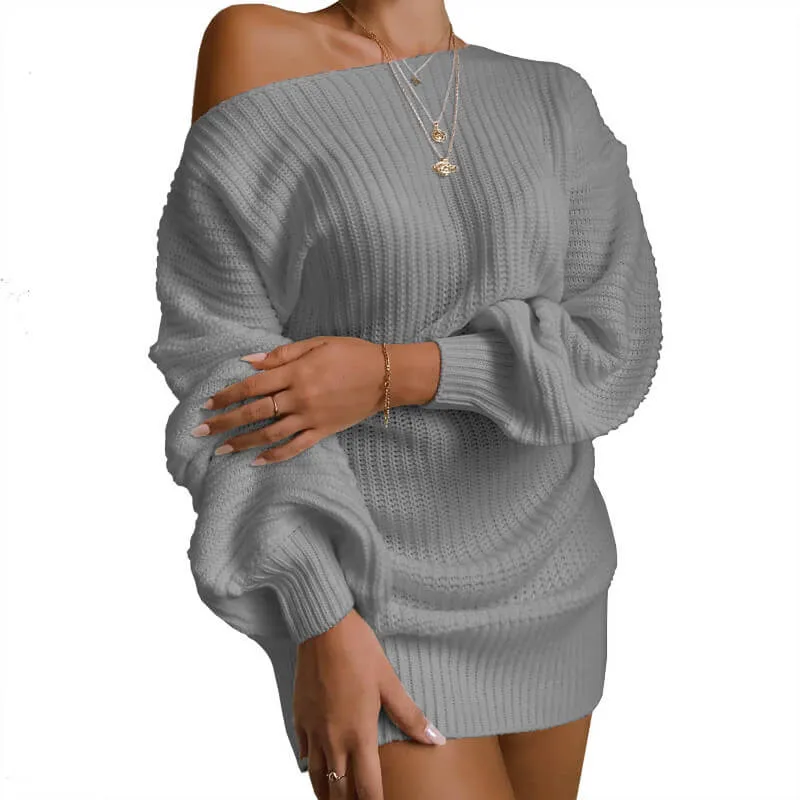 Ribbed Lantern Sleeve Knitted Short Dress