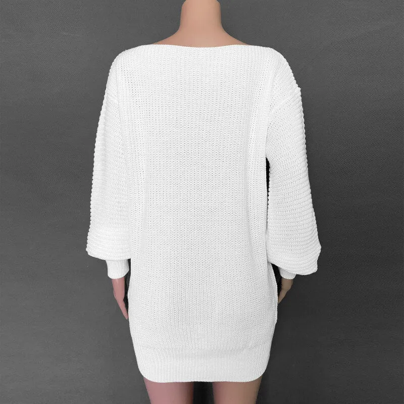 Ribbed Lantern Sleeve Knitted Short Dress