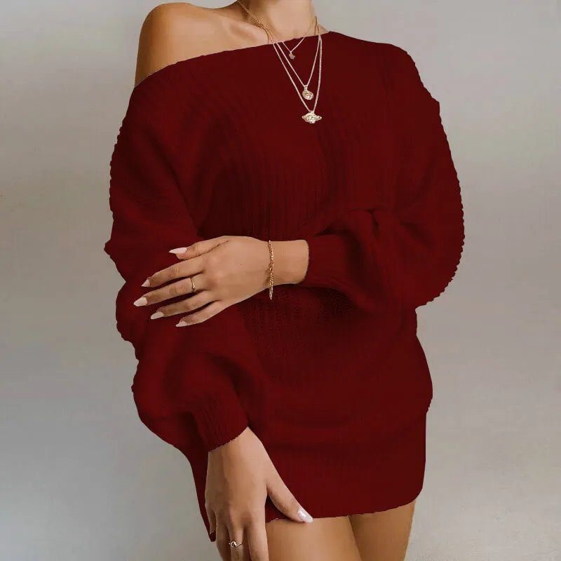 Ribbed Lantern Sleeve Knitted Short Dress