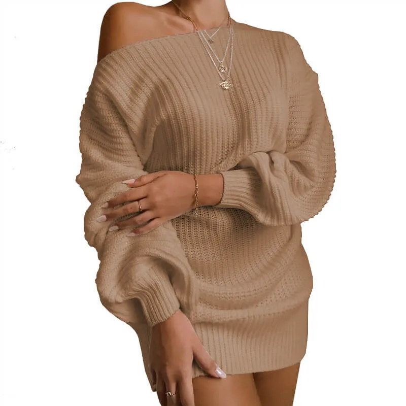 Ribbed Lantern Sleeve Knitted Short Dress
