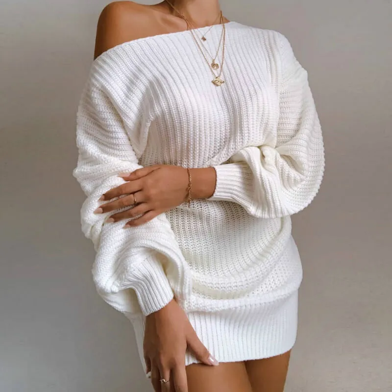 Ribbed Lantern Sleeve Knitted Short Dress