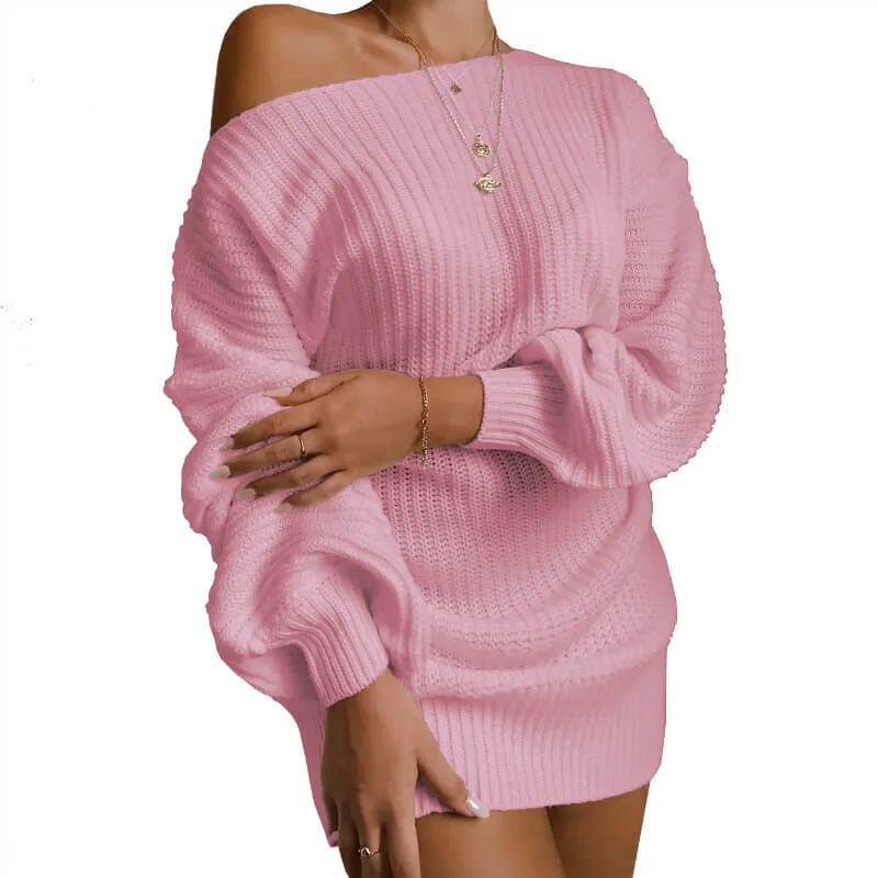 Ribbed Lantern Sleeve Knitted Short Dress