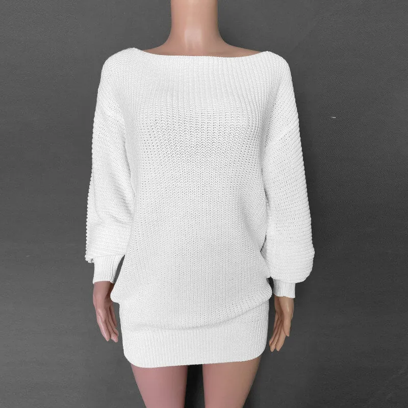 Ribbed Lantern Sleeve Knitted Short Dress