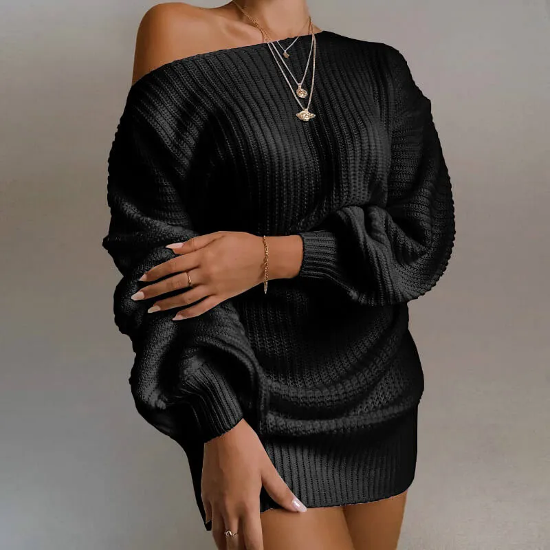 Ribbed Lantern Sleeve Knitted Short Dress