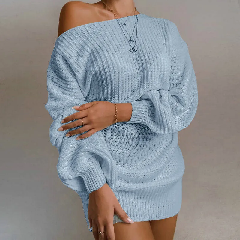 Ribbed Lantern Sleeve Knitted Short Dress