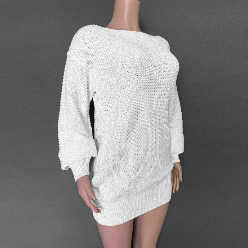 Ribbed Lantern Sleeve Knitted Short Dress
