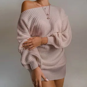 Ribbed Lantern Sleeve Knitted Short Dress