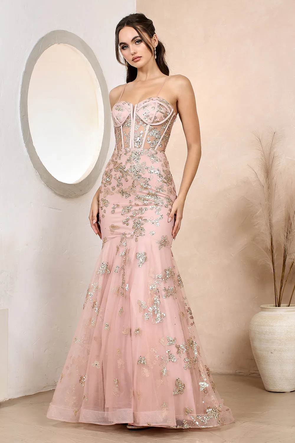 Rose Sequined Appliqué Strapless Bustier Long Evening Gown