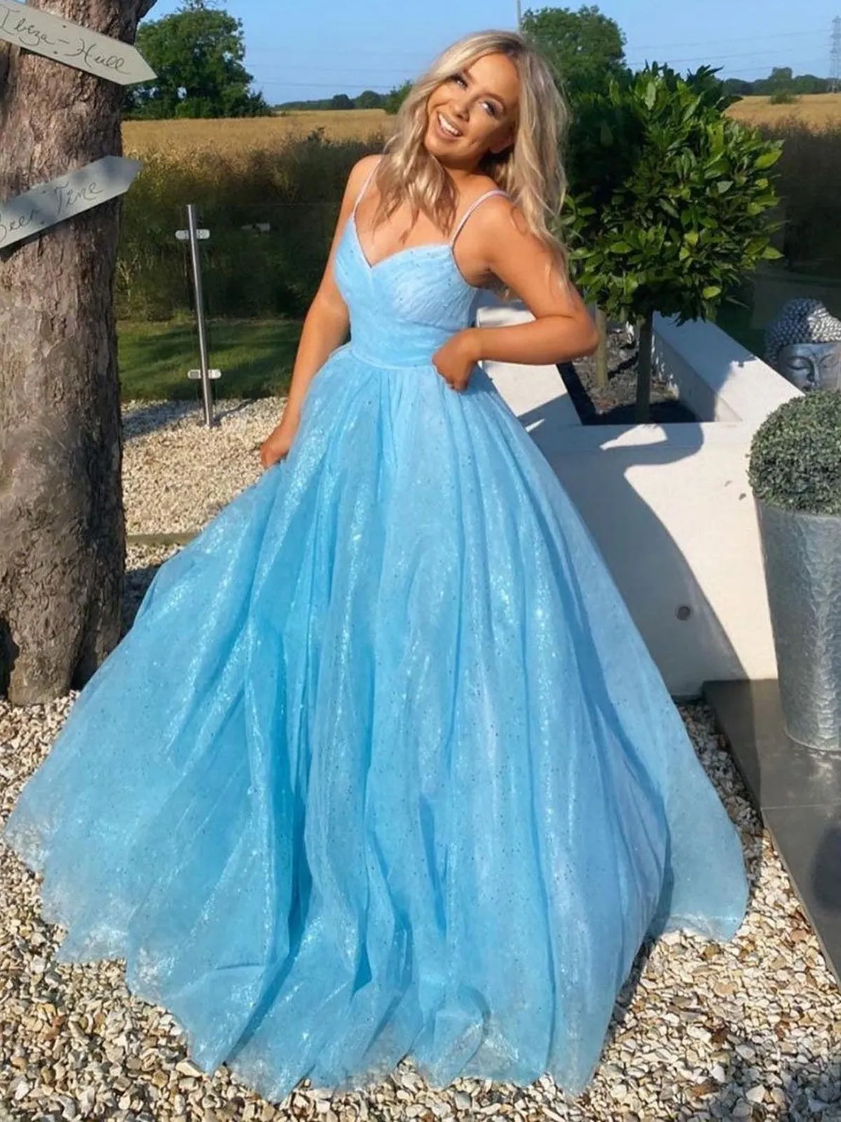 Shiny A Line V Neck Blue Prom Dresses, V Neck Blue Formal Evening Dresses