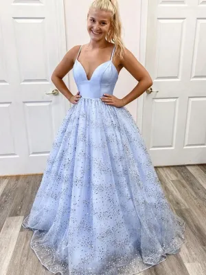 Shiny A Line V Neck Blue Tulle Prom Dresses, Blue V Neck Long Formal Evening Dresses