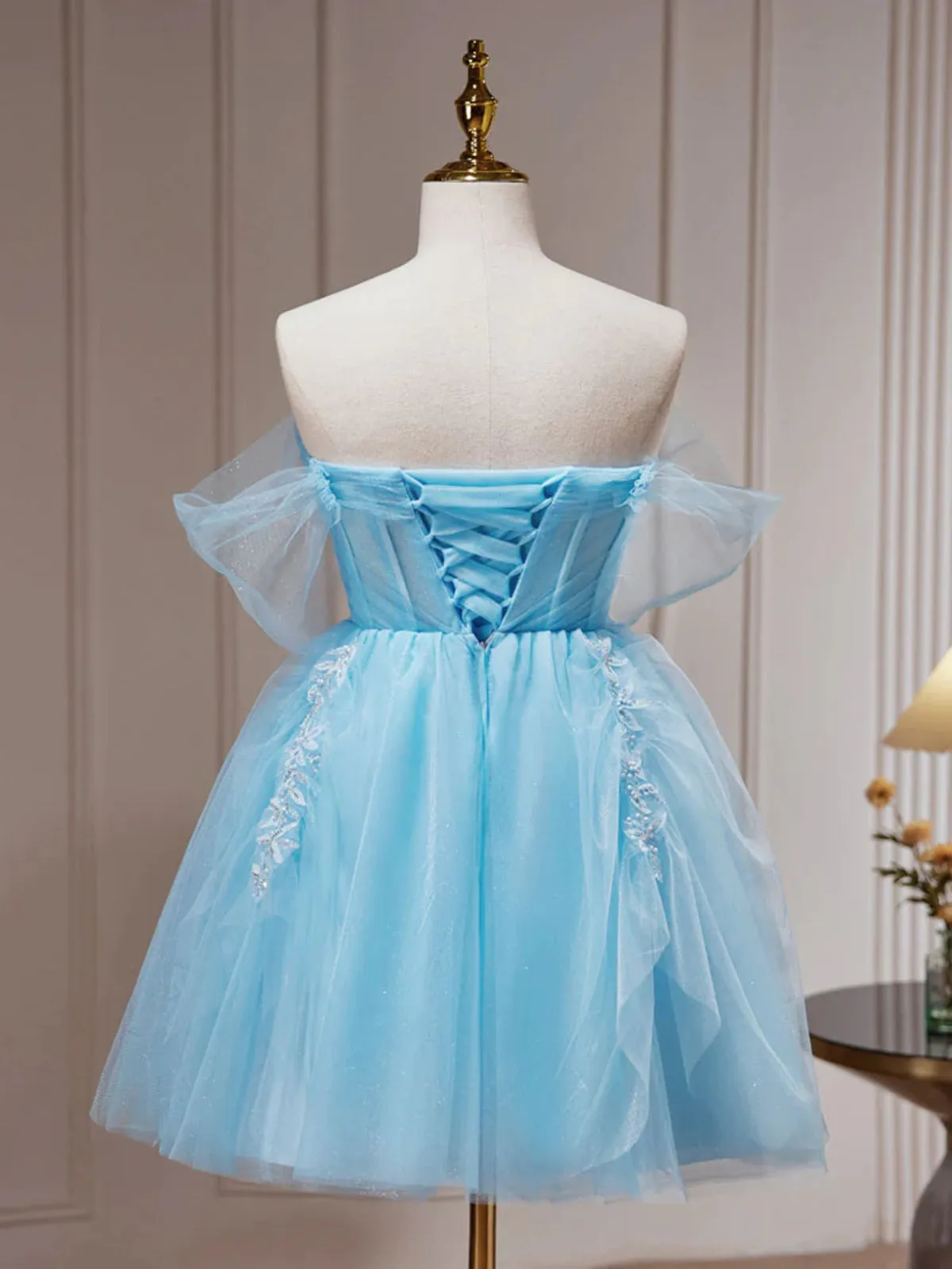 Short Blue Beaded Prom Dresses, Short Blue Graduation Homecoming Dresses