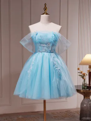 Short Blue Beaded Prom Dresses, Short Blue Graduation Homecoming Dresses