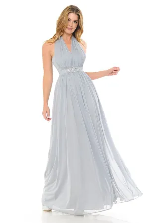 Silver Halter Ruched Embellished Kakao Long Formal Dress