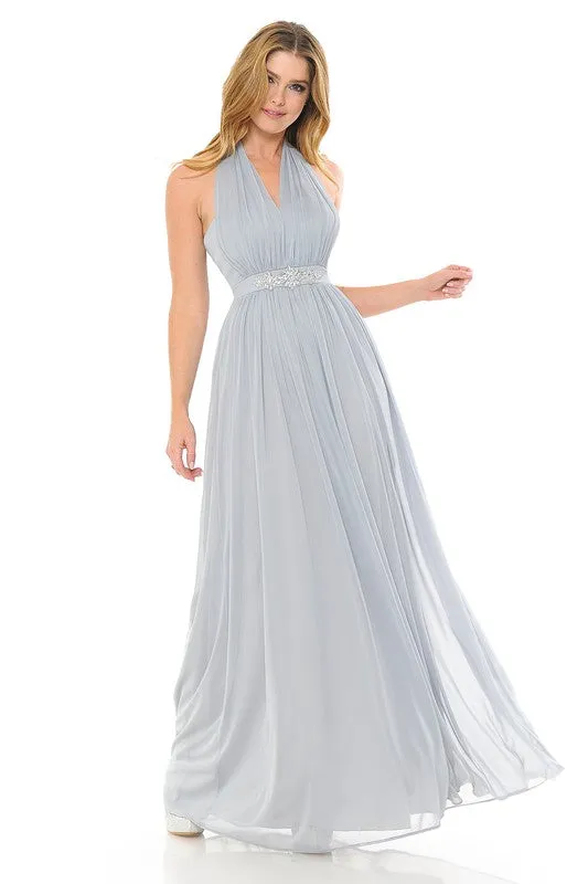 Silver Halter Ruched Embellished Kakao Long Formal Dress