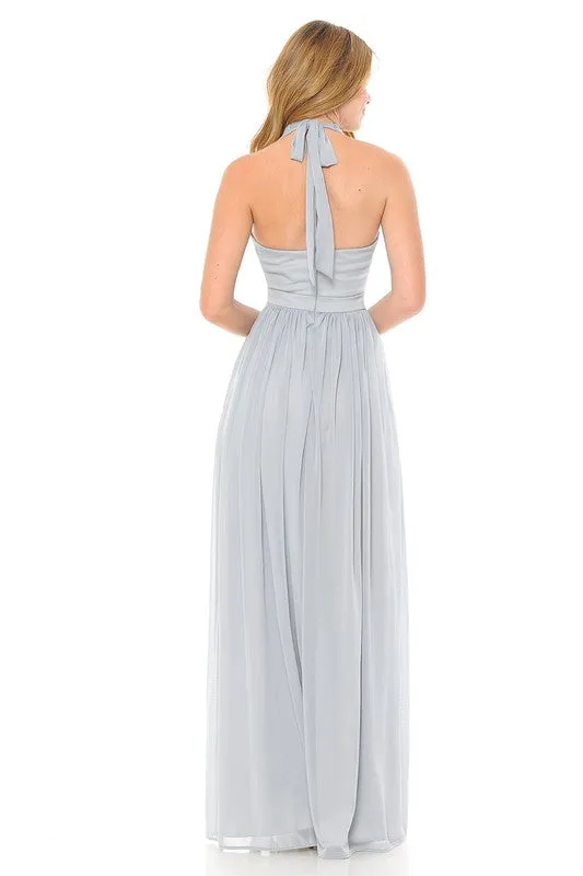 Silver Halter Ruched Embellished Kakao Long Formal Dress