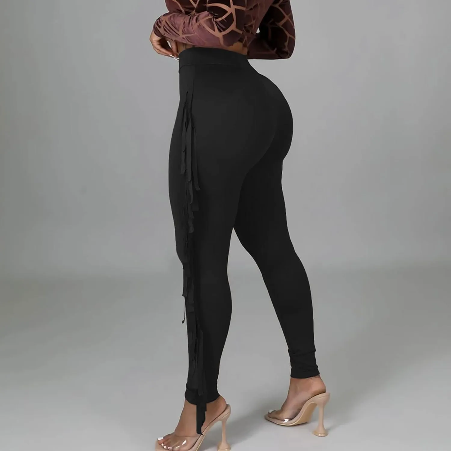 Sinzelimin Women's Sexy Tight Pants Fashion Solid Color Side Tassel High Waist Stretch Yoga Leggings Slim Full Length Trouser