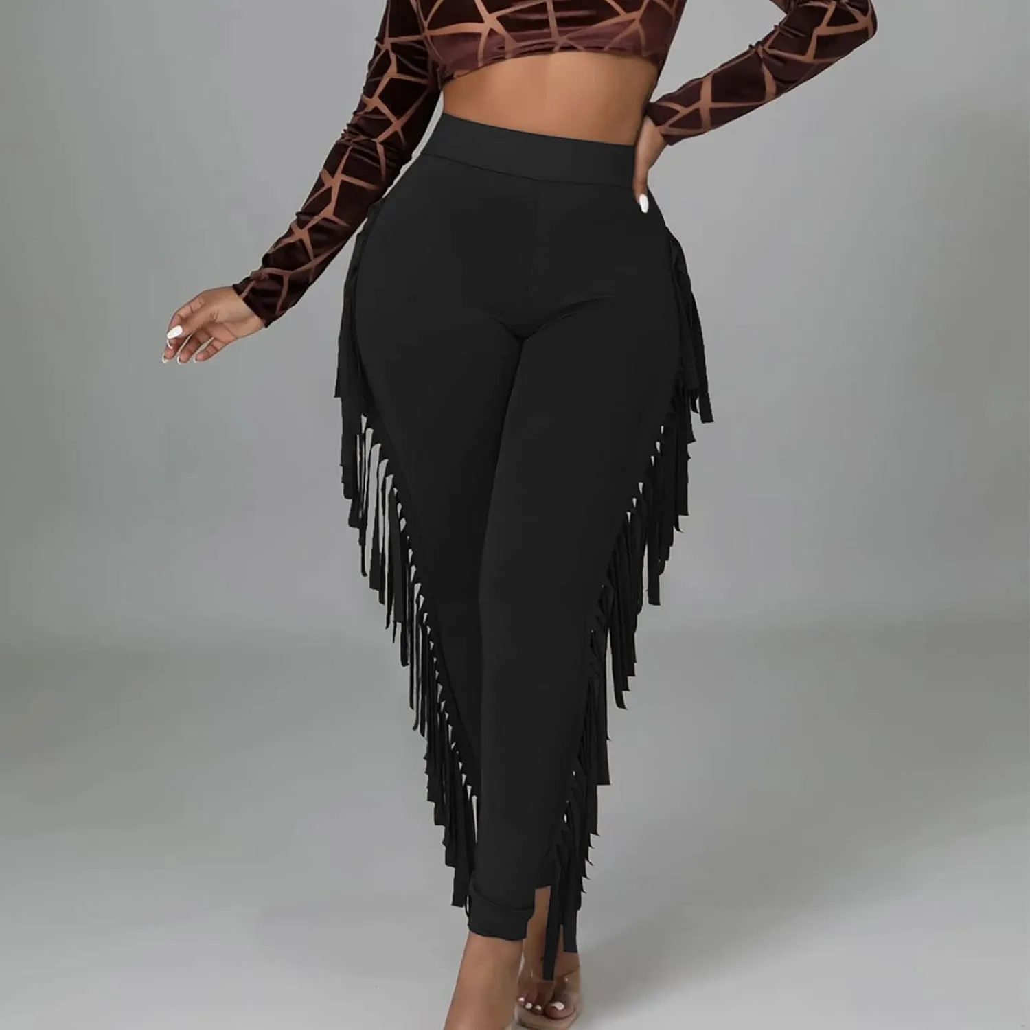 Sinzelimin Women's Sexy Tight Pants Fashion Solid Color Side Tassel High Waist Stretch Yoga Leggings Slim Full Length Trouser