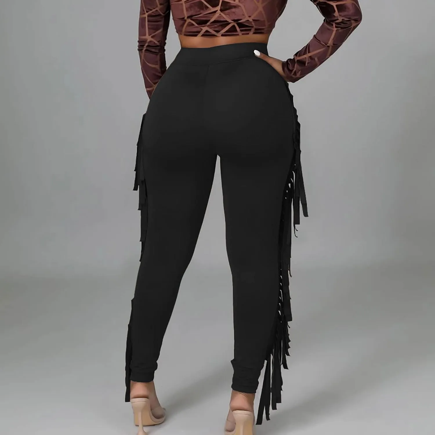 Sinzelimin Women's Sexy Tight Pants Fashion Solid Color Side Tassel High Waist Stretch Yoga Leggings Slim Full Length Trouser