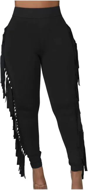 Sinzelimin Women's Sexy Tight Pants Fashion Solid Color Side Tassel High Waist Stretch Yoga Leggings Slim Full Length Trouser