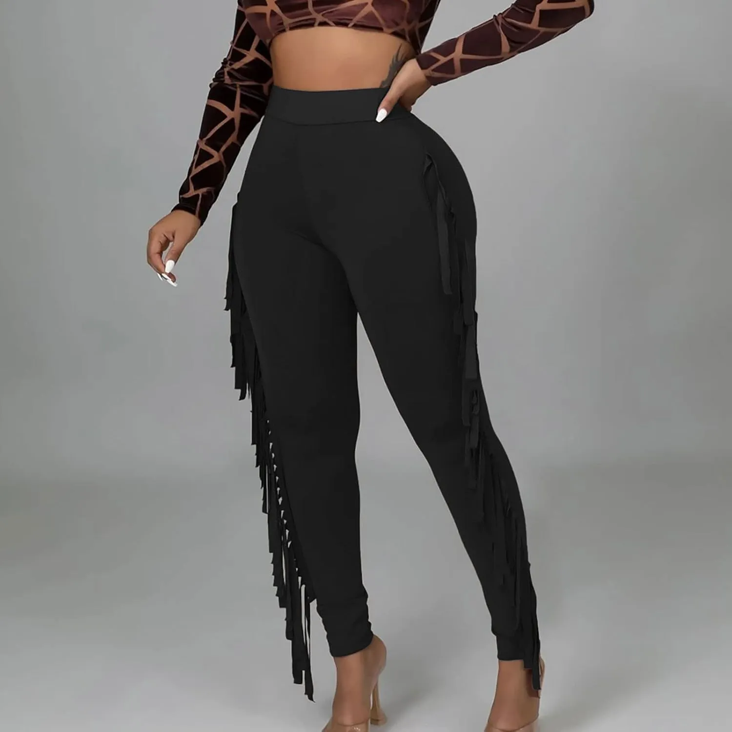 Sinzelimin Women's Sexy Tight Pants Fashion Solid Color Side Tassel High Waist Stretch Yoga Leggings Slim Full Length Trouser