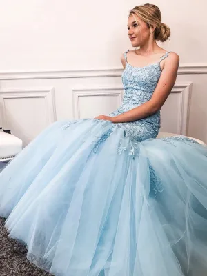 Sky Blue Mermaid Lace Prom Dresses, Blue Mermaid Lace Formal Evening Dresses