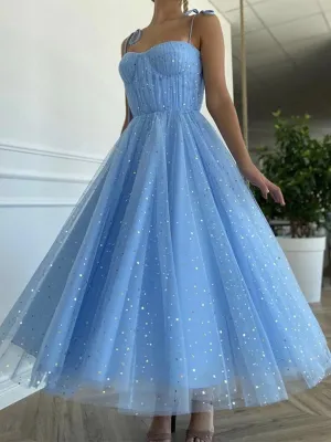 Spaghetti Straps Blue Tea Length Prom Dresses, Blue Tea Length Graduation Homecoming Dresses