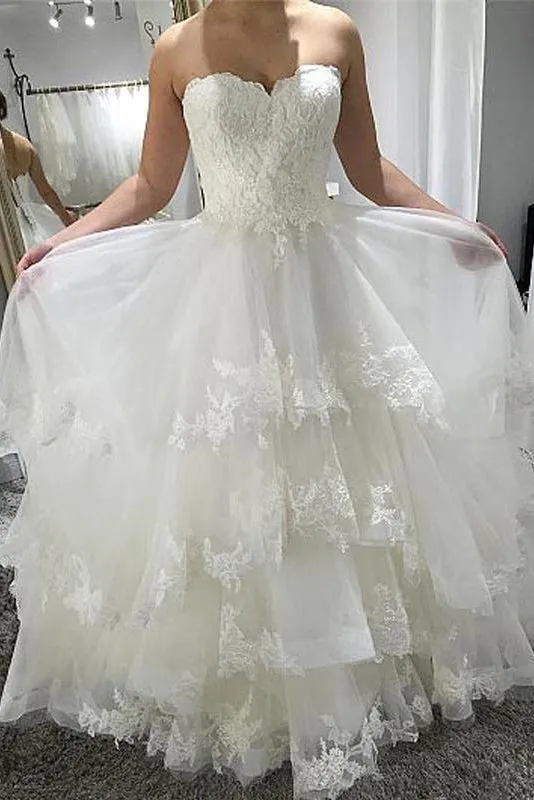 Strapless Beach Wedding Dresses with Lace Tiered Lace Up Back Wedding Dresses N1784