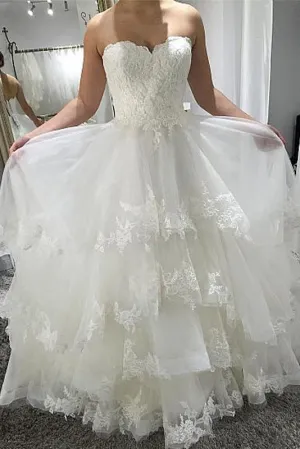 Strapless Beach Wedding Dresses with Lace Tiered Lace Up Back Wedding Dresses N1784
