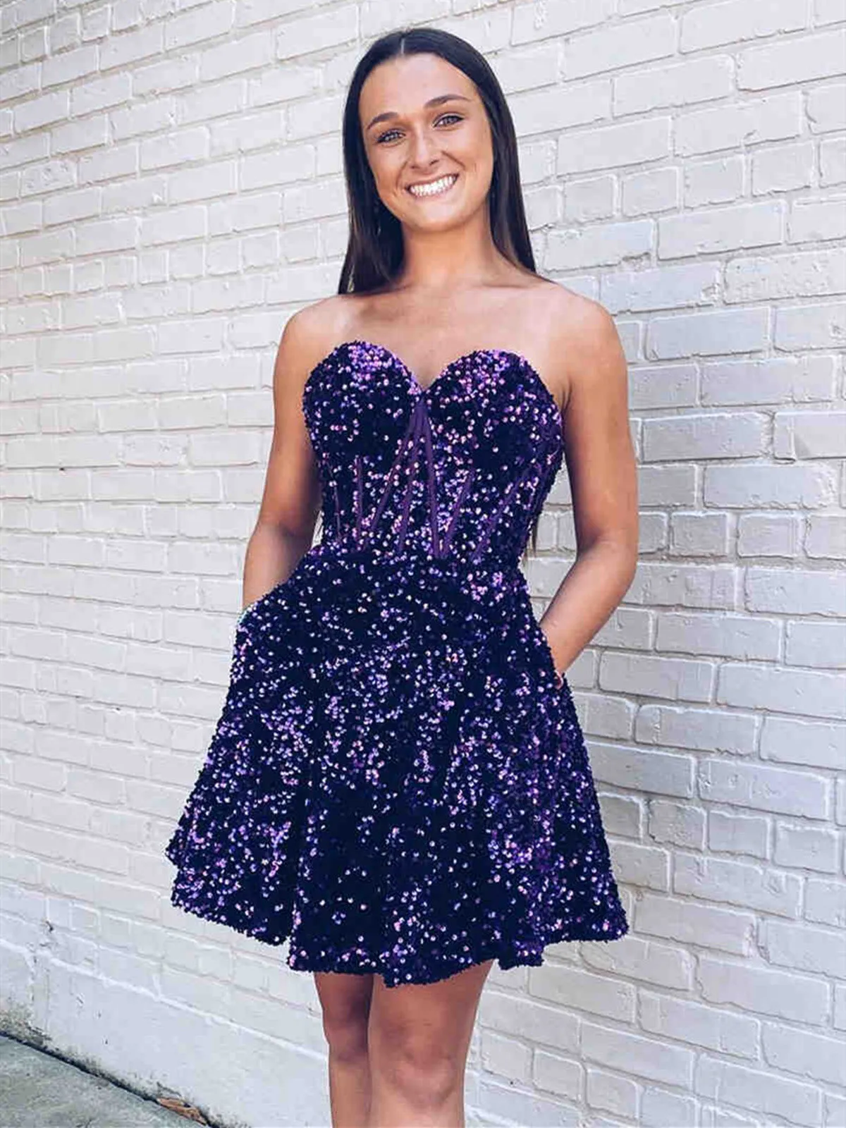 Strapless Short Royal Blue Champagne Purple Sequins Prom Dress, Short Sequins Formal Homecoming Dresses