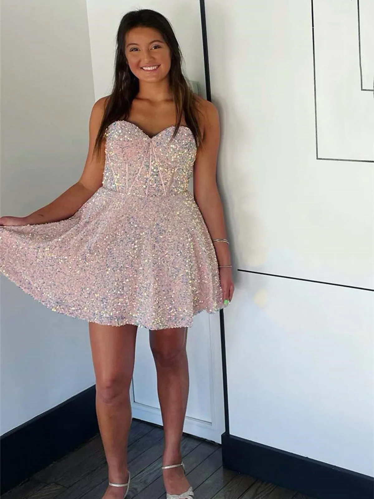 Strapless Short Royal Blue Champagne Purple Sequins Prom Dress, Short Sequins Formal Homecoming Dresses
