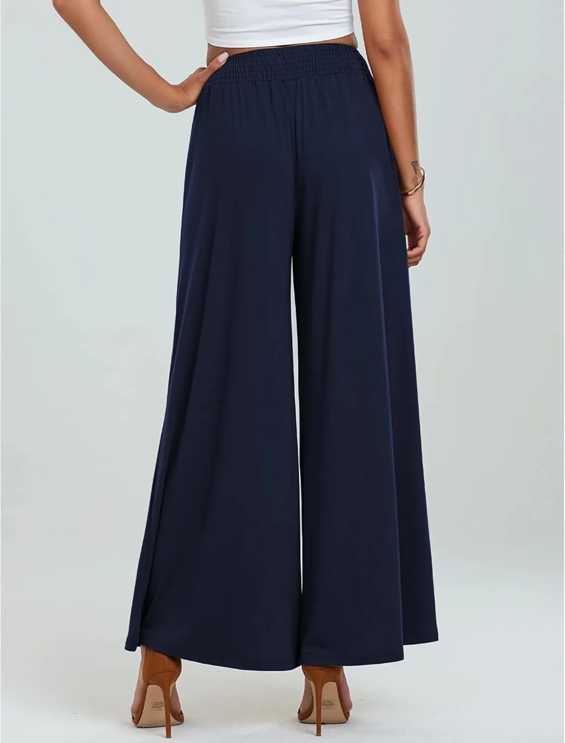 Summer Linen Pants Women Lightweight Comfy Wide Leg Pants Soft Casual Elastic Waisted Palazzo Trousers with Pockets