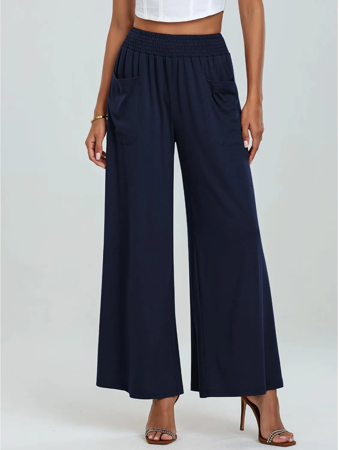 Summer Linen Pants Women Lightweight Comfy Wide Leg Pants Soft Casual Elastic Waisted Palazzo Trousers with Pockets