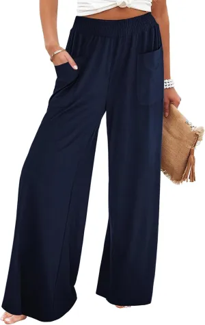 Summer Linen Pants Women Lightweight Comfy Wide Leg Pants Soft Casual Elastic Waisted Palazzo Trousers with Pockets