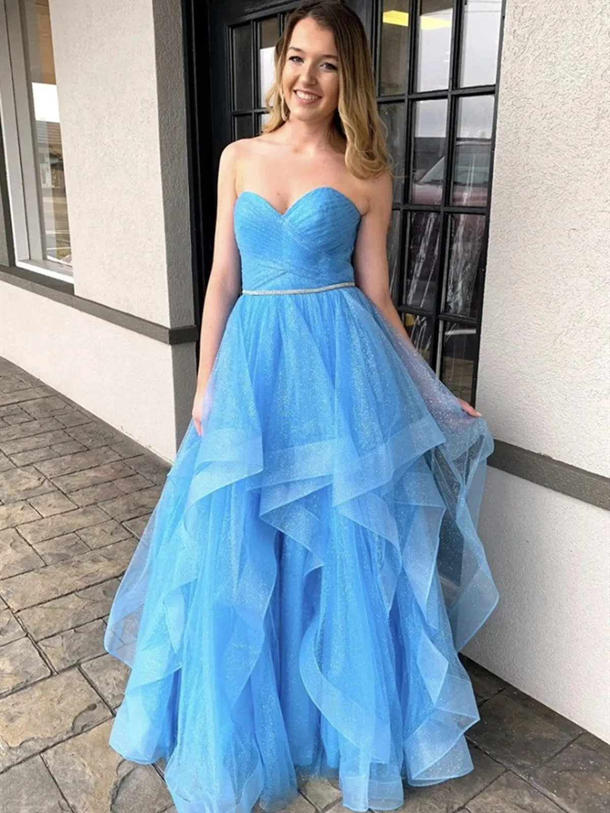 Sweetheart Neck Light Blue Long Prom Dresses, Shiny Blue Formal Evening Graduation Dresses