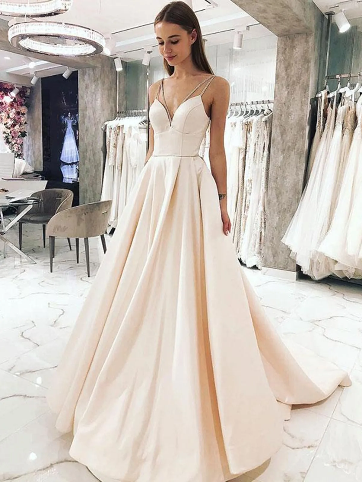Sweetheart Neck Light Champagne Long Prom Dresses, Light Champagne Formal Graduation Evening Dresses