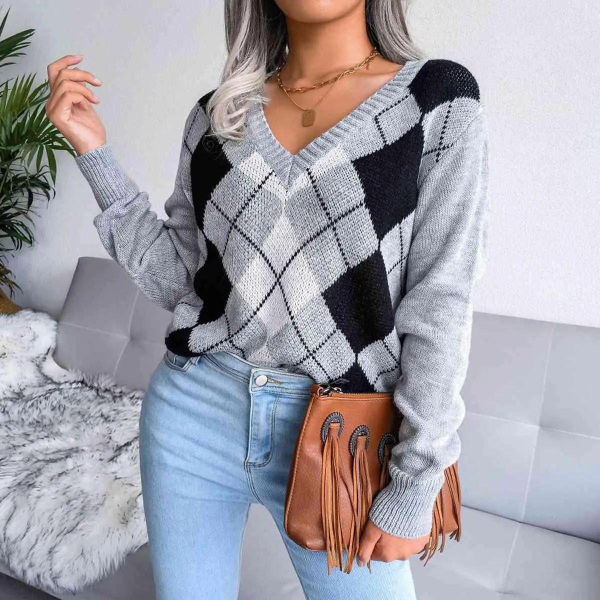 Timeless Choice V-Neck Argyle Sweater