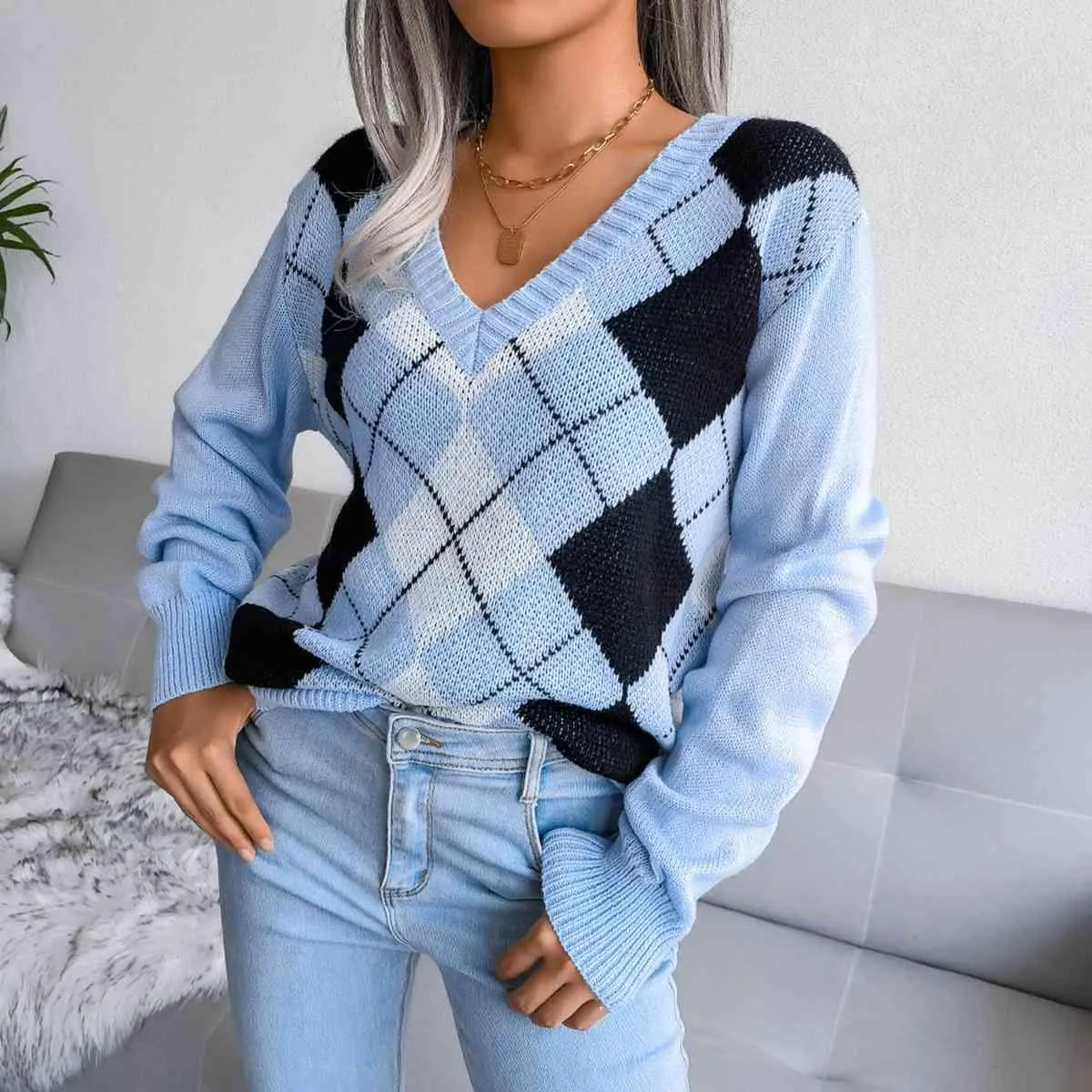 Timeless Choice V-Neck Argyle Sweater