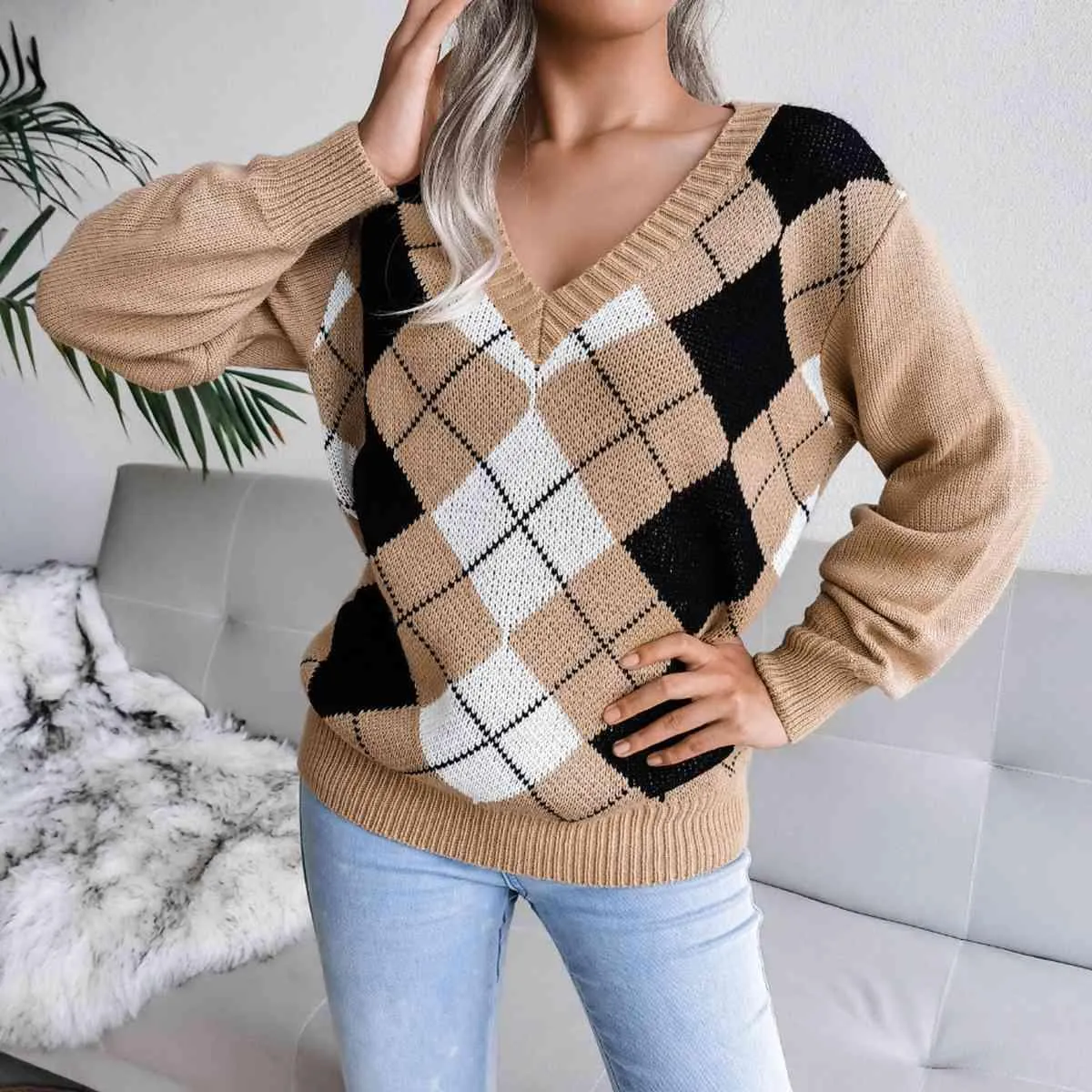 Timeless Choice V-Neck Argyle Sweater