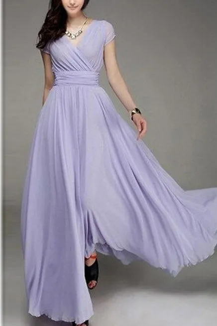 V-neck Pure Color High Waist Long Party Dress