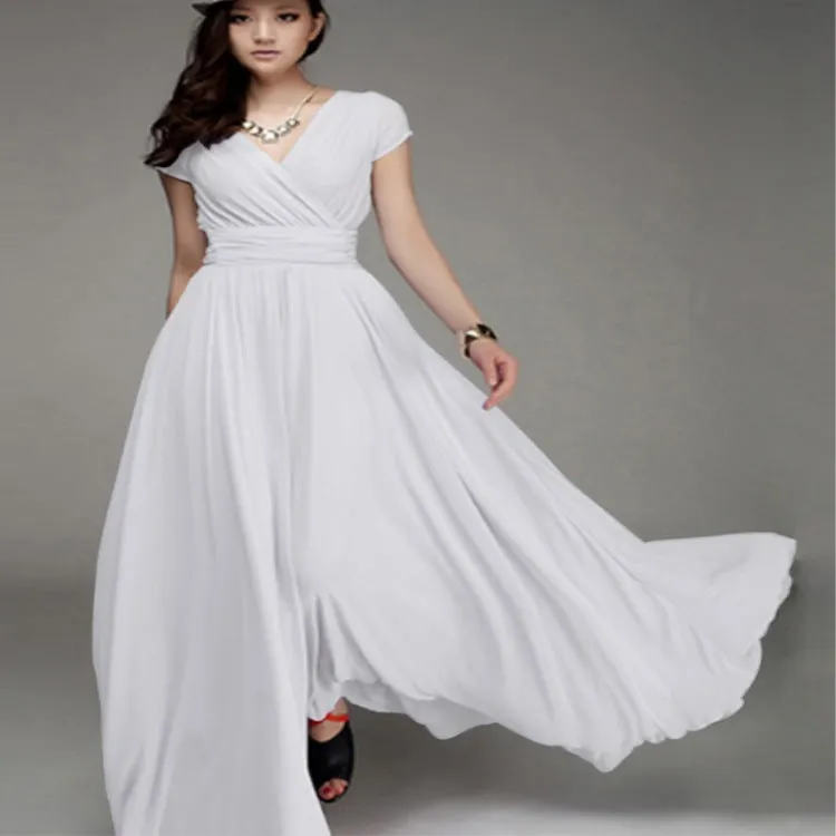 V-neck Pure Color High Waist Long Party Dress